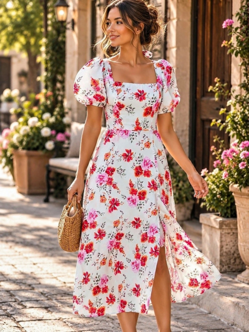 Floral Puff Sleeve Midi Dress Silky Small Altar'd State